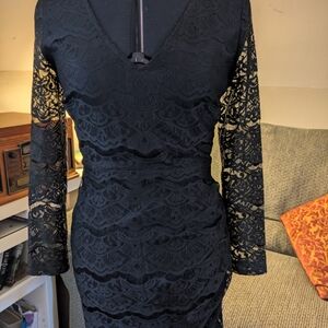 Fire Los Angeles Black Lace V-Neck Long Sleeve Dress